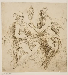 Personificaties van Schilderkunst en Beeldhouwkunst zittend op wolken