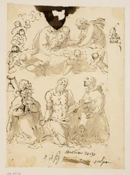 Heiligen Antonius, Jerome en Bernardino knielend, met de Maagd en het kind Christus omringd door engelen