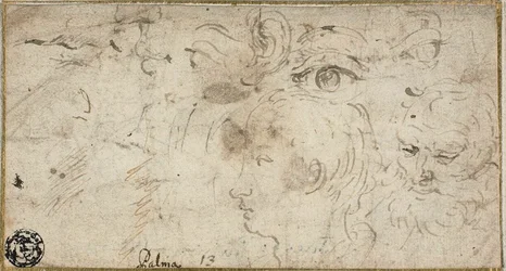 Schetsen van hoofden, ogen, oor en mond