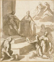 Studie voor Venetië die Eerbetoon en Geschenken ontvangt van Brescia, Udine, Padua en Verona, met Doge Francesco Venier die ze presenteert