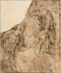 Twee Schetsen van Mannelijke Naakten, Een Knielend, Een Staand (recto); Drie Schetsen: Zittend Mannelijk Naakt, Liggend Mannelijk Naakt, Mannelijk Hoofd in Profiel (verso)