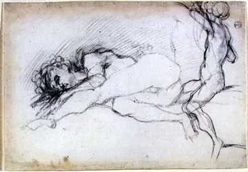 Studie van zittende en liggende figuren voor een lunet in de salon van de Villa Medici in Poggio a Caiano