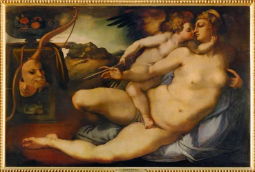 Venus en Amor, naar Michelangelo (schilderij op hout)