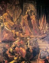 Ambassadeurs van paus en Venetianen smeken tevergeefs om vrede bij Barbarossa, door Jacopo Tintoretto en zijn werkplaats, Grote Raadzaal, Dogepaleis, Venetië, Italië