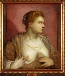 Dame die haar boezem ontbloot; misschien wel de beroemde Venetiaanse courtisane Veronica Franco ... (schilderij op doek)
