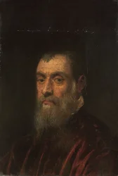 Portret van een bebaarde man, borstbeeld, in een rode jurk