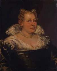 Portret van een dame, buste lengte in een groene jurk met een witte kraag