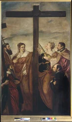 Heiligen Helena, Barbara, Andreas, Macarius, een andere heilige en een toegewijde aanbidden het Kruis, c.1560