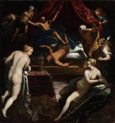 Hercules verdrijft de Faun uit het bed van Omphale
