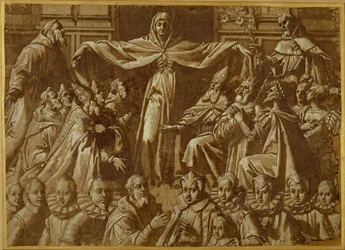 De Madonna della Misericordia met St. Franciscus en Dominicus, met andere heiligen en heersers en een familie van schenkers