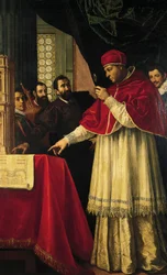 Michelangelo presenteert modellen voor de gevel van San Lorenzo, de Laurentiaanse Bibliotheek en de Medici-graven aan paus Leo X en kardinaal Giulio de Medici