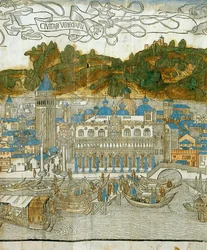 Venetië en de oude campanile voor de verwoesting door een aardbeving, uit Pregrinatio in Terram Sanctam, voor het eerst gedrukt in 1486 ... (houtsnede)