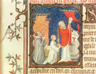 Ms Lat 18014 Jean de France (1340-1416) Hertog van Berry Biddend Voor de Verheffing van de Hostie, uit Les Petites Heures de Duc de Berry, ca.1385-90