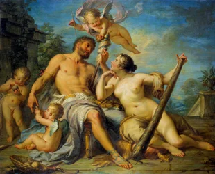 Hercules en Omphale Hercules (Herakles) is verliefd op Omphale, wiens slaaf hij is. Schilderij door Jacques Dumont genaamd de Romein (1701-1781). 1728. Tours, Museum voor Schone Kunsten
