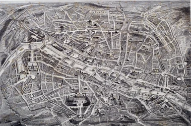 Kaart van Parijs in reliëf en een vogelvlucht met zijn omgeving en vestingwerken.