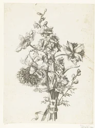 Boeket met anemonen, een hyacint en riddersporen