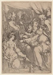 De Heilige Familie met Sint-Catharina, Sint-Jan de Evangelist en een Engel
