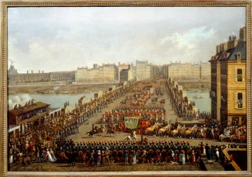 Oversteek van de nieuwe brug door de keizerlijke stoet voor de ceremonie van de heiliging van Napoleon I op 2 december