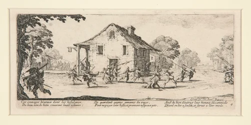 Slagveldscène voor een huis, uit De Ellende en Rampen van de Oorlog, nr. 4 van een set van 18