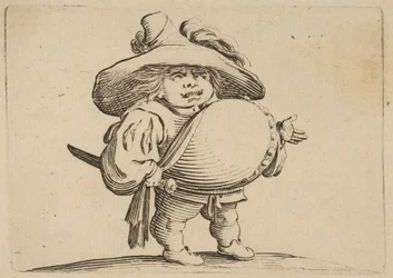 De man met een grote buik versierd met knopen