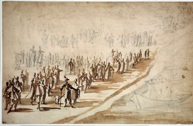 Lodewijk XIII (1601-1643) en Richelieu (1585-1642) bij het vertrek van de troepen naar het eiland Ré (tekening door Jacques Callot)