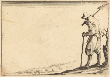 Boer met schop op zijn schouder