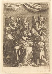 De Heilige Familie met twee engelen