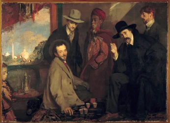André Gide en zijn vrienden in het Café Maure van de Wereldtentoonstelling van 1900 (Eugène Rouart; Charles Chanvin; Athman Ben Salah; Henri Ghéon). Schilderij van Jacques-Émile Blanche (1861-1942), 1900. Afmetingen: 1,56x2,2 m. Rouen, Musée des Beaux-Arts