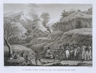 Groot Aziatisch Archipel: Franse ontdekkingsreizigers met inboorlingen op het eiland Ombai, uit Voyage Autour du Monde (1817-20), door Louis Claude Desaulses de Freycinet (1779-1842) gegraveerd door Bovinet, gepubliceerd