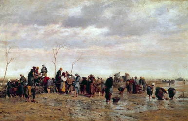 De zee-oogsters. Oesterkweek: vrouwen verzamelen oesters bij eb. Schilderij door Eugene Feyen