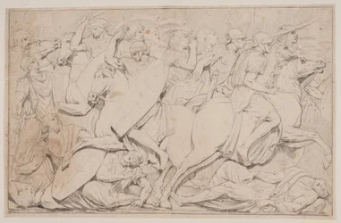 Gevechtsscène met gevallen vijanden