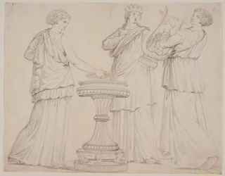 Drie vrouwen in Griekse gewaden bij een altaar. Vrouw links met een tablet (?), in het midden met een kroon, rechts met een lier (terpsichore?)