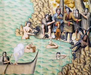 Inheemse vrouwen die schelpdieren vangen in de Straat van Magellan