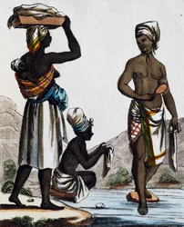 Wasvrouwen uit Santo Domingo (kleurgravure)
