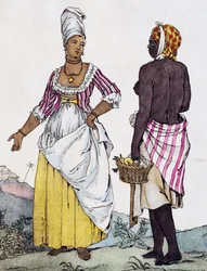 Zwarte vrouw en mulattin van Santo Domingo, kleurgravure naar tekening van Labrousse