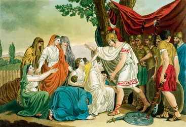 Coriolanus, door Jacques Grasset de Saint-Sauveur, gravure uit het oude Rome