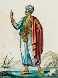Mannelijk kostuum uit barbaarse en moslimstaten, kleurgravure naar tekening van Labrousse, uit Encyclopedie van reizen, door Jacques Grasset de Saint-Sauveur