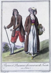 Boer en boerin van Triëst, Italië - in "Encyclopedie van Reizen" door Grasset St Sauveur, Parijs