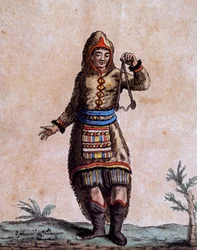 Vrouw van Hudson Bay in traditionele klederdracht, kleurgravure door Laroque, uit Encyclopedie van reizen, door Jacques Grasset de Saint-Sauveur (1757-1810)