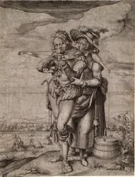 De kruisboogschutter en de melkmeid - Gheyn, Jacques de, de Jongere (Jacob De Gheyn II, ook wel de Jeune genoemd) (1565-1629) - ca. 1610 - Koperen gravure - 39,3x30 - Privécollectie