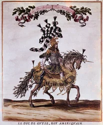 Manuscript van de Carrousel 1662. De hertog van Guise als de Amerikaanse koning, deelnemend aan de Carrousel van 1662 (feest gehouden in Parijs onder het bewind van Lodewijk XIV). Illustratie door Jacques I Bailly (1629 - 1679).