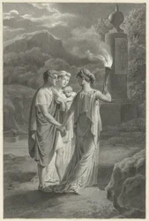 Ontwerp voor een boekillustratie met een jong gezin en een vrouw met een fakkel