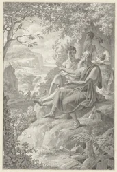 Ontwerp voor een boekillustratie met een oude verteller, een jong gezin en allerlei dieren