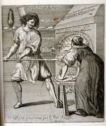 17e eeuwse gegraveerde illustratie uit een verzameling spreekwoorden. Parijs 1657-1663. Door Jacques Lagniet (1620-1675). Franse graveur. Van hem veel maatschappijkritische gravures en spotprenten zoals zijn soms groteske en fantastische illustraties