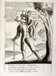 17e eeuwse gegraveerde illustratie uit een verzameling spreekwoorden. Parijs 1657-1663. Door Jacques Lagniet (1620-1675). Franse graveur. Van hem veel maatschappijkritische gravures en spotprenten zoals zijn soms groteske en fantastische illustraties
