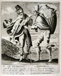 17e eeuwse gegraveerde illustratie uit een verzameling spreekwoorden. Parijs 1657-1663. Door Jacques Lagniet (1620-1675). Franse graveur. Van hem veel maatschappijkritische gravures en spotprenten zoals zijn soms groteske en fantastische illustraties