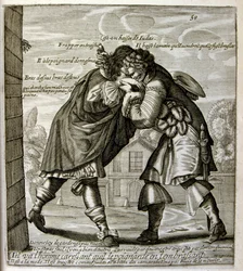 17e eeuwse gegraveerde illustratie uit een verzameling spreekwoorden. Parijs 1657-1663. Door Jacques Lagniet (1620-1675). Franse graveur. Van hem veel maatschappijkritische gravures en spotprenten zoals zijn soms groteske en fantastische illustraties