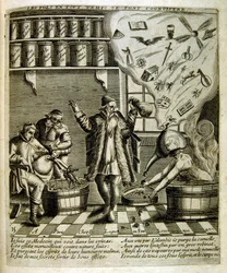 17e eeuwse gegraveerde illustratie uit een verzameling spreekwoorden. Parijs 1657-1663. Door Jacques Lagniet (1620-1675). Franse graveur. Van hem veel maatschappijkritische gravures en spotprenten zoals zijn soms groteske en fantastische illustraties