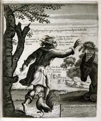 17e eeuwse gegraveerde illustratie uit een verzameling spreekwoorden. Parijs 1657-1663. Door Jacques Lagniet (1620-1675). Franse graveur. Van hem veel maatschappijkritische gravures en spotprenten zoals zijn soms groteske en fantastische illustraties