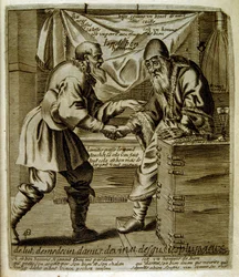 17e eeuwse gegraveerde illustratie uit een verzameling spreekwoorden. Parijs 1657-1663. Door Jacques Lagniet (1620-1675). Franse graveur. Van hem veel maatschappijkritische gravures en spotprenten zoals zijn soms groteske en fantastische illustraties